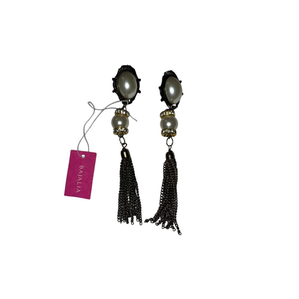 Iris Apfel & Bajalia Tassel Earrings Faux Pearl Gunmetal Silver Dangle Boho